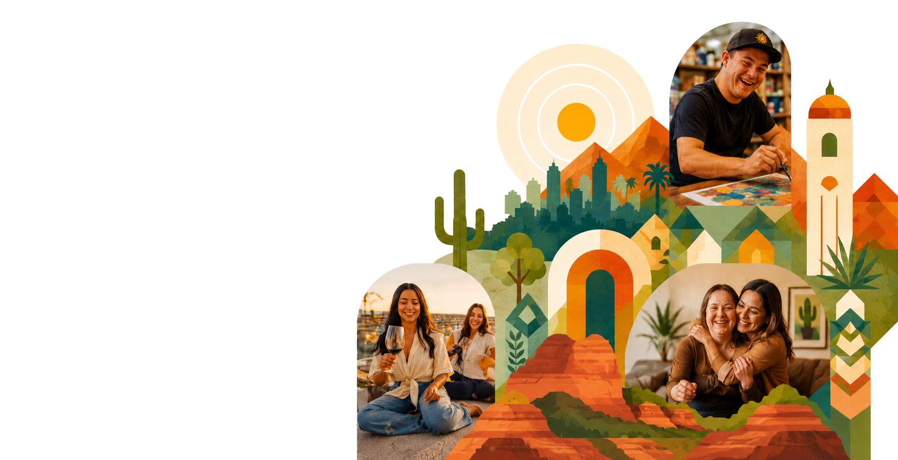 An illustrated Phoenix desert scene woven with photographs of Treasure House community members enjoying art, friendship, and home
